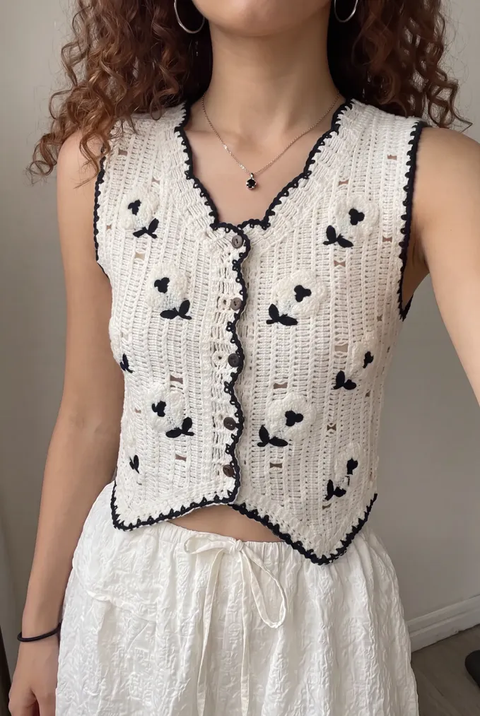 Off White Floral Crochet Top - Image 1