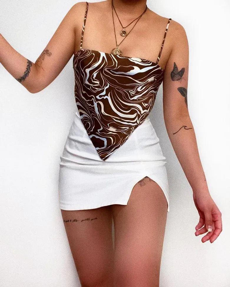Brown Square Neck Abstract Top - Image 1