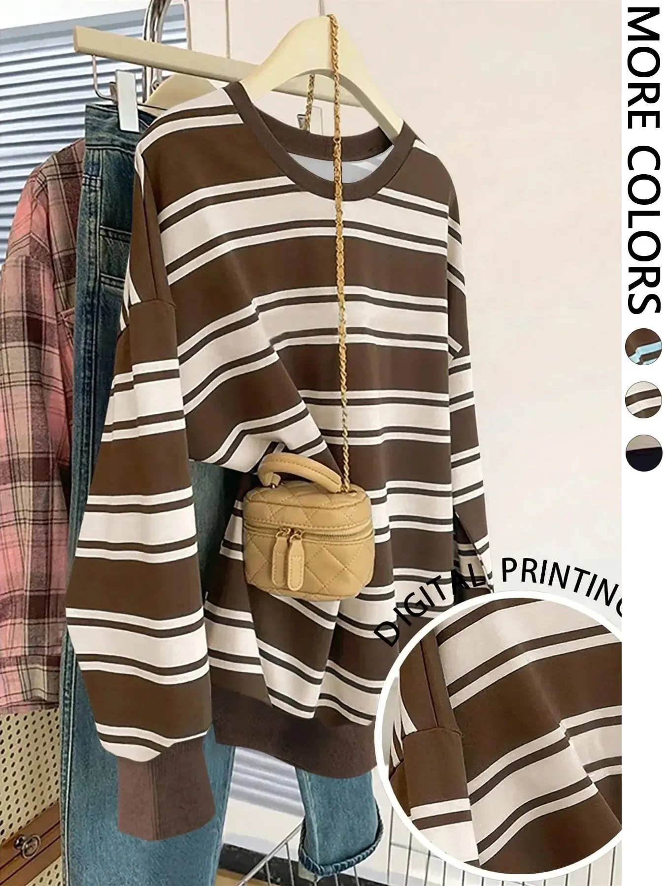 Brown Striped Crew Neck Sweatshirt