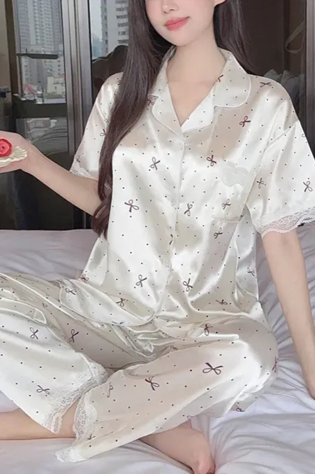 Off White Bow Print Co-Ords Set - Image 1