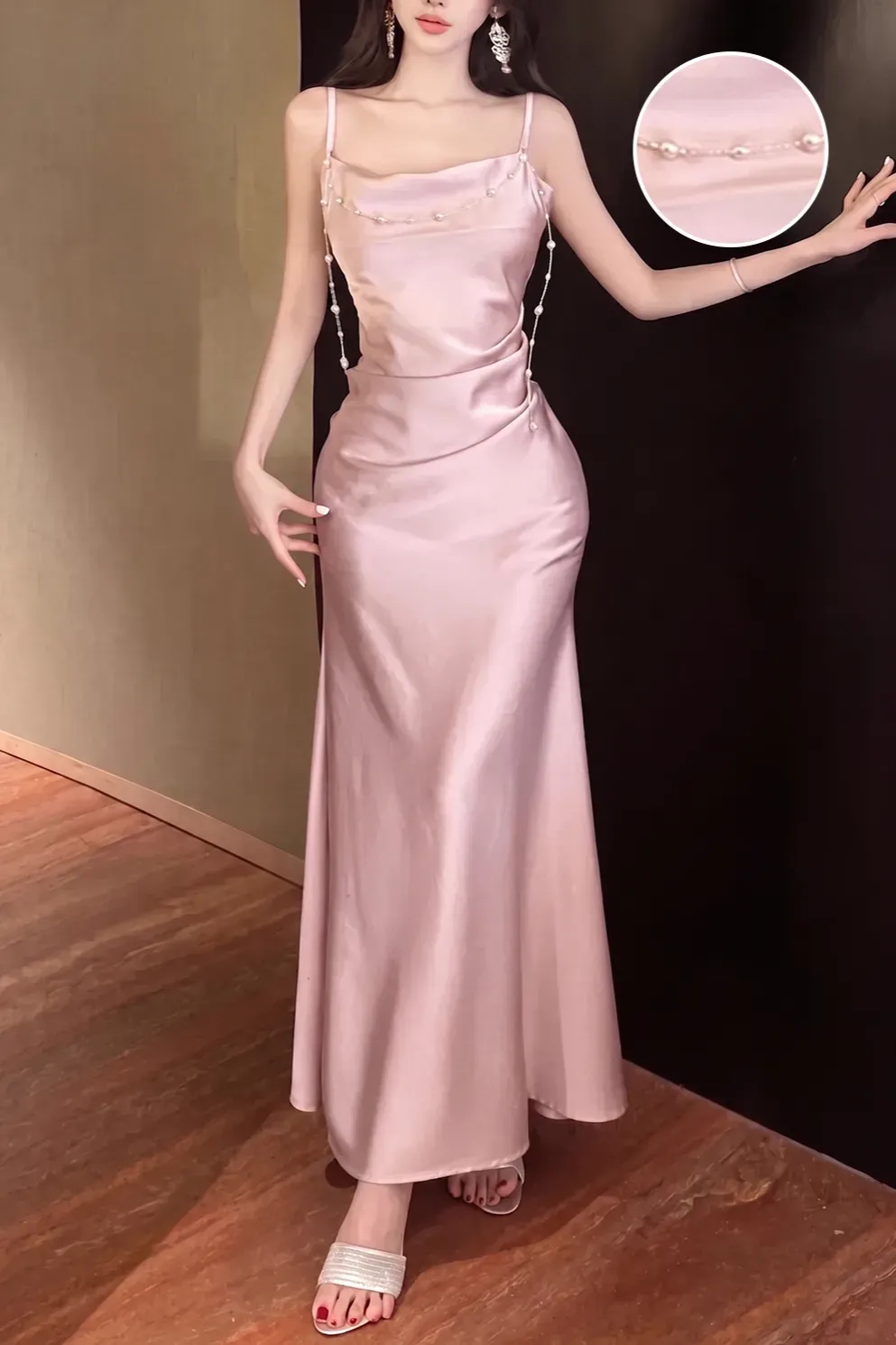 Light Pink Pearl Embellished Maxi Dress
