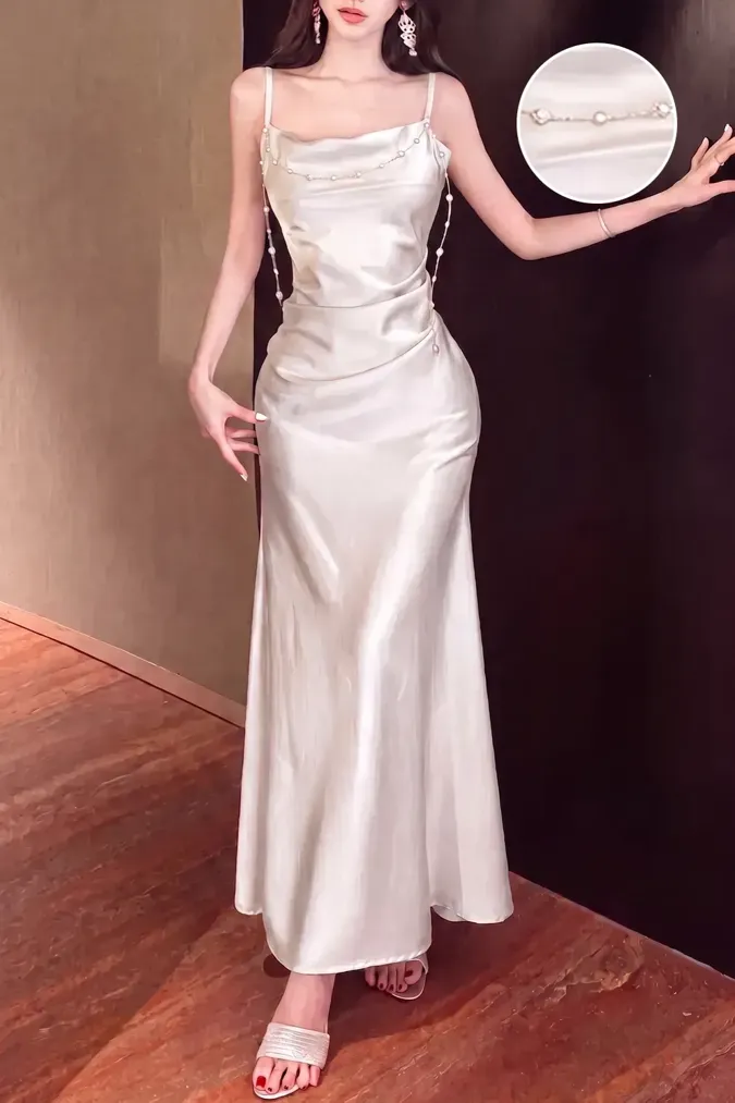 Beige Pearl Embellished Maxi Dress - Image 1
