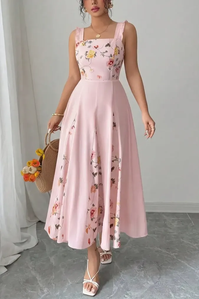 Light Pink Floral Smocked Midi Dress - Image 1