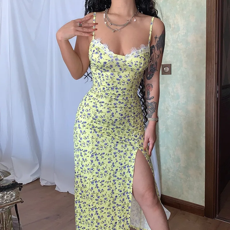 Yellow Floral Sweetheart Midi Dress