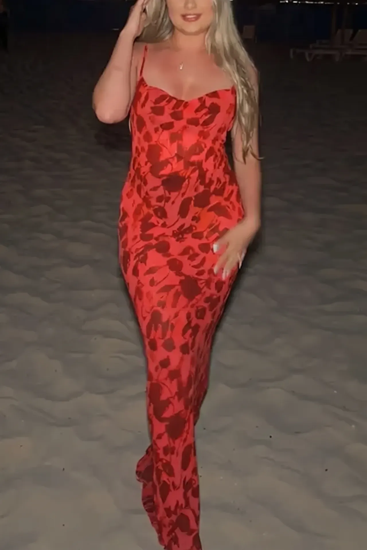 Red Floral Cut-Out Maxi Dress