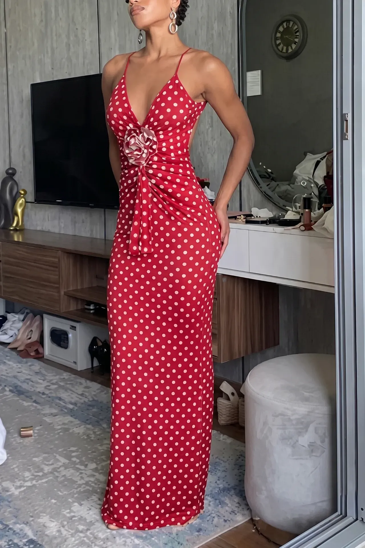Red Ruched Polka Dot Maxi Dress