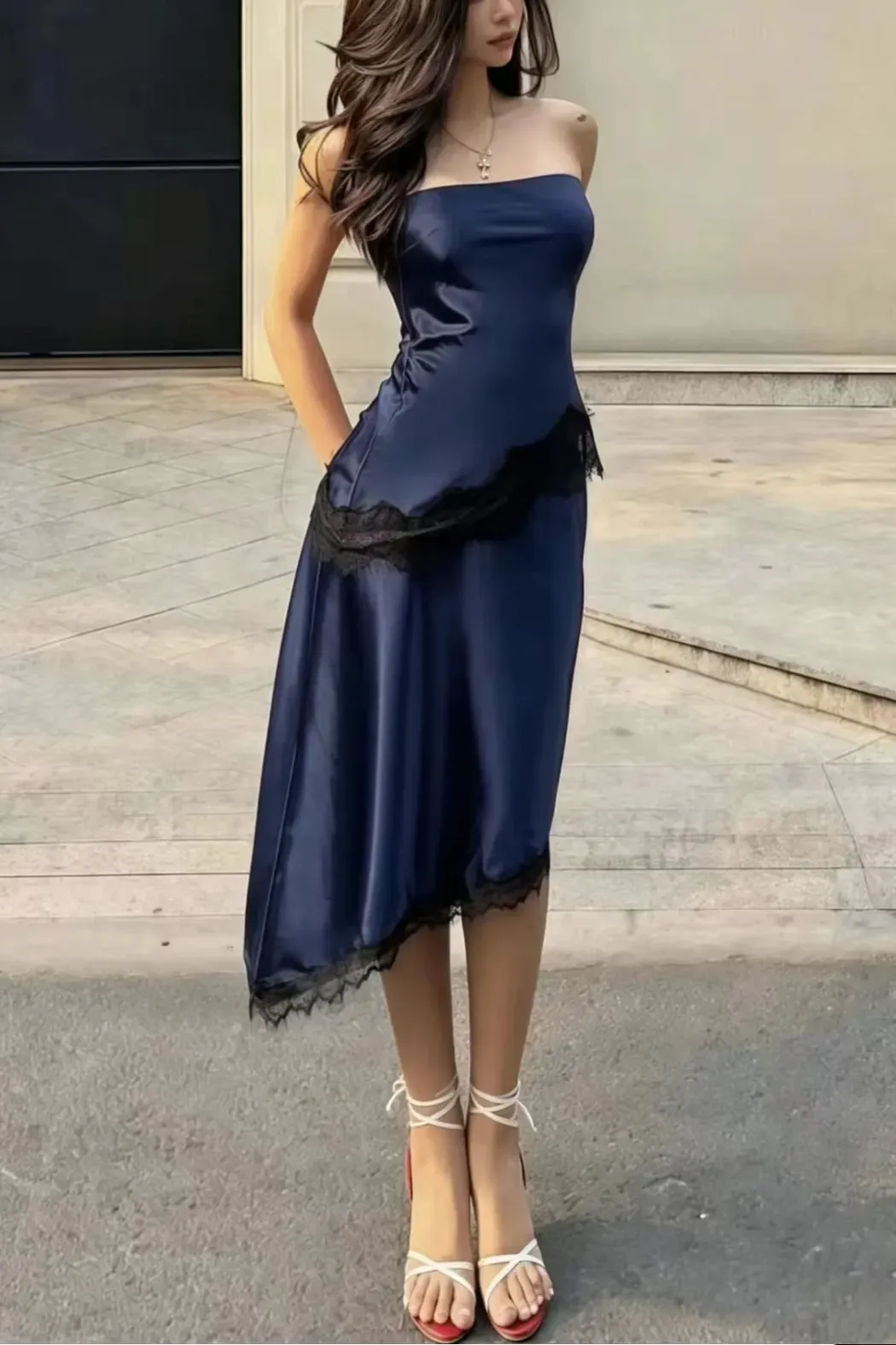 Dark Blue Lace Midi Tube Dress