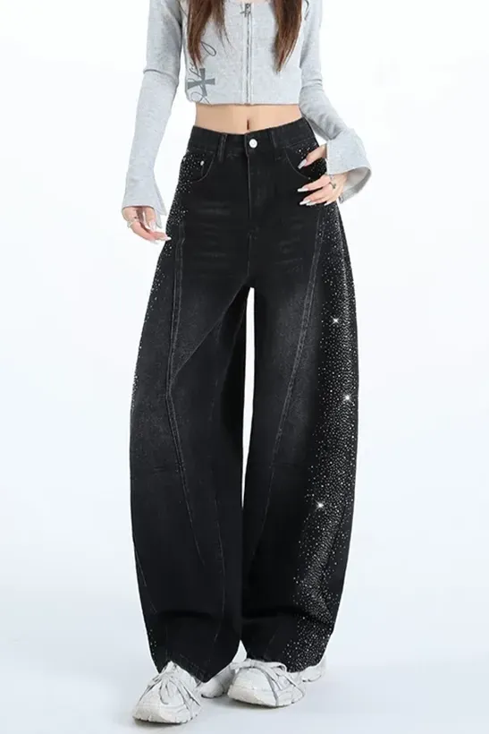 Black Rhinestone Mid-Rise Jeans - Image 1