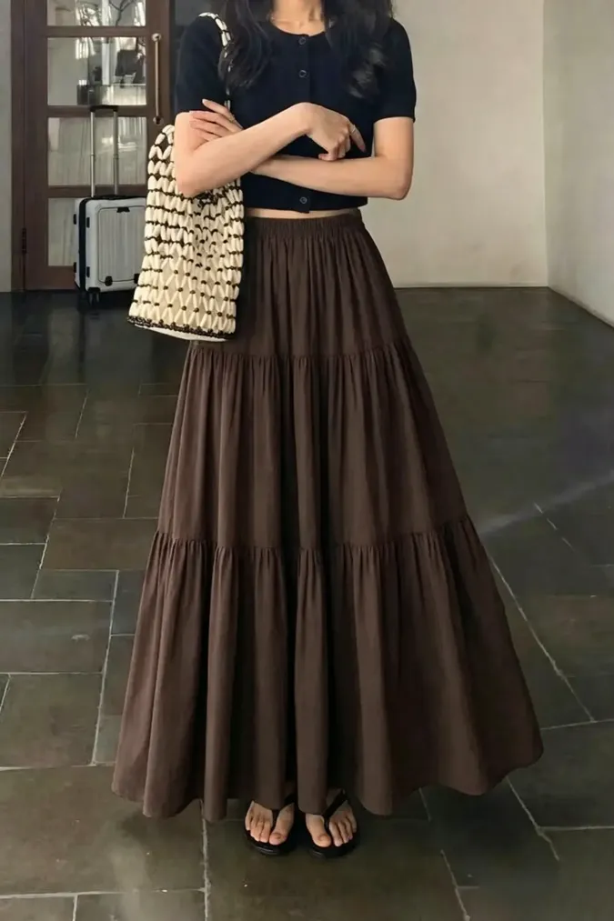 Brown High-Rise Tiered Maxi Skirt - Image 1