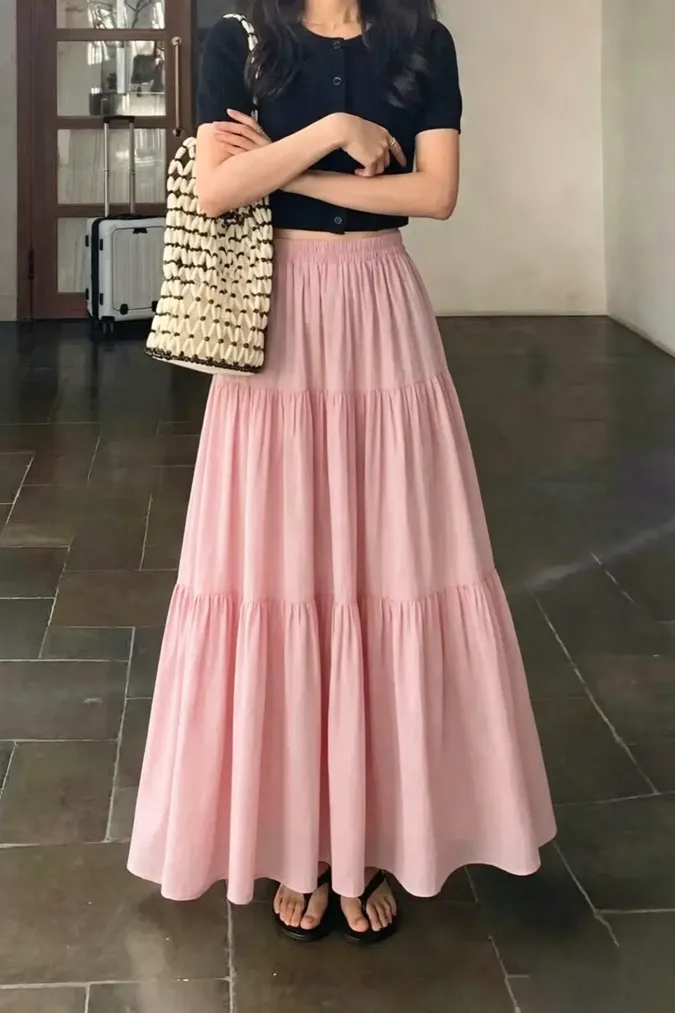 Light Pink High-Rise Tiered Maxi Skirt - Image 1