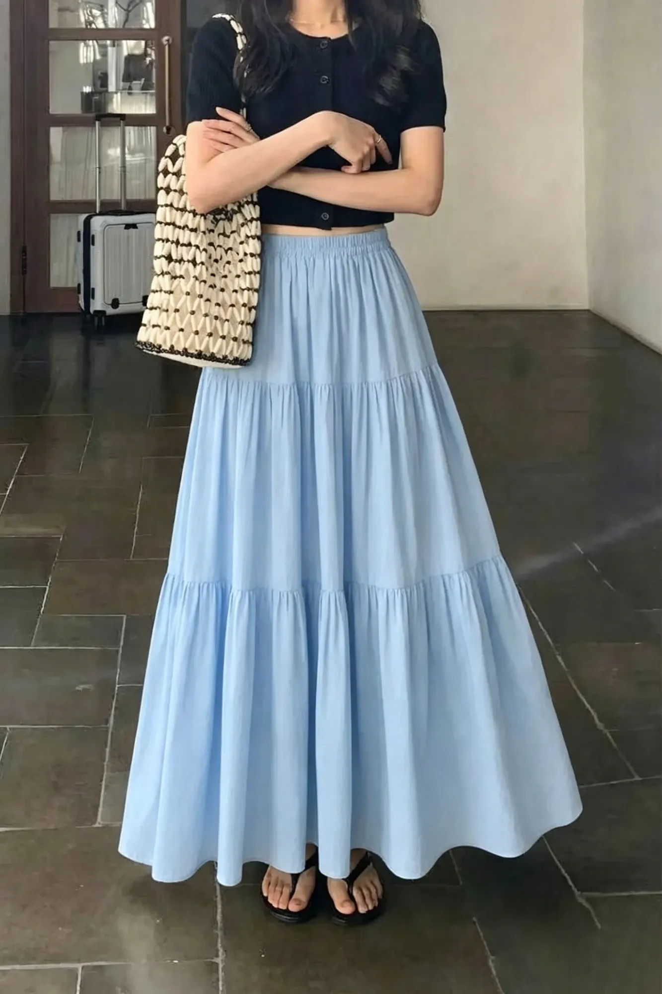 Light Blue High-Rise Tiered Maxi Skirt