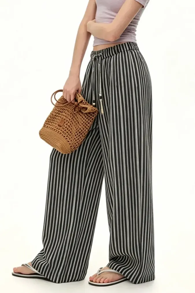 Black Striped Mid Rise Pants - Image 1