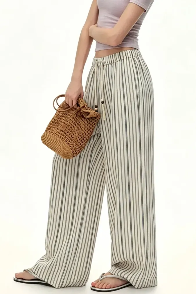 Beige Striped Mid Rise Pants - Image 1