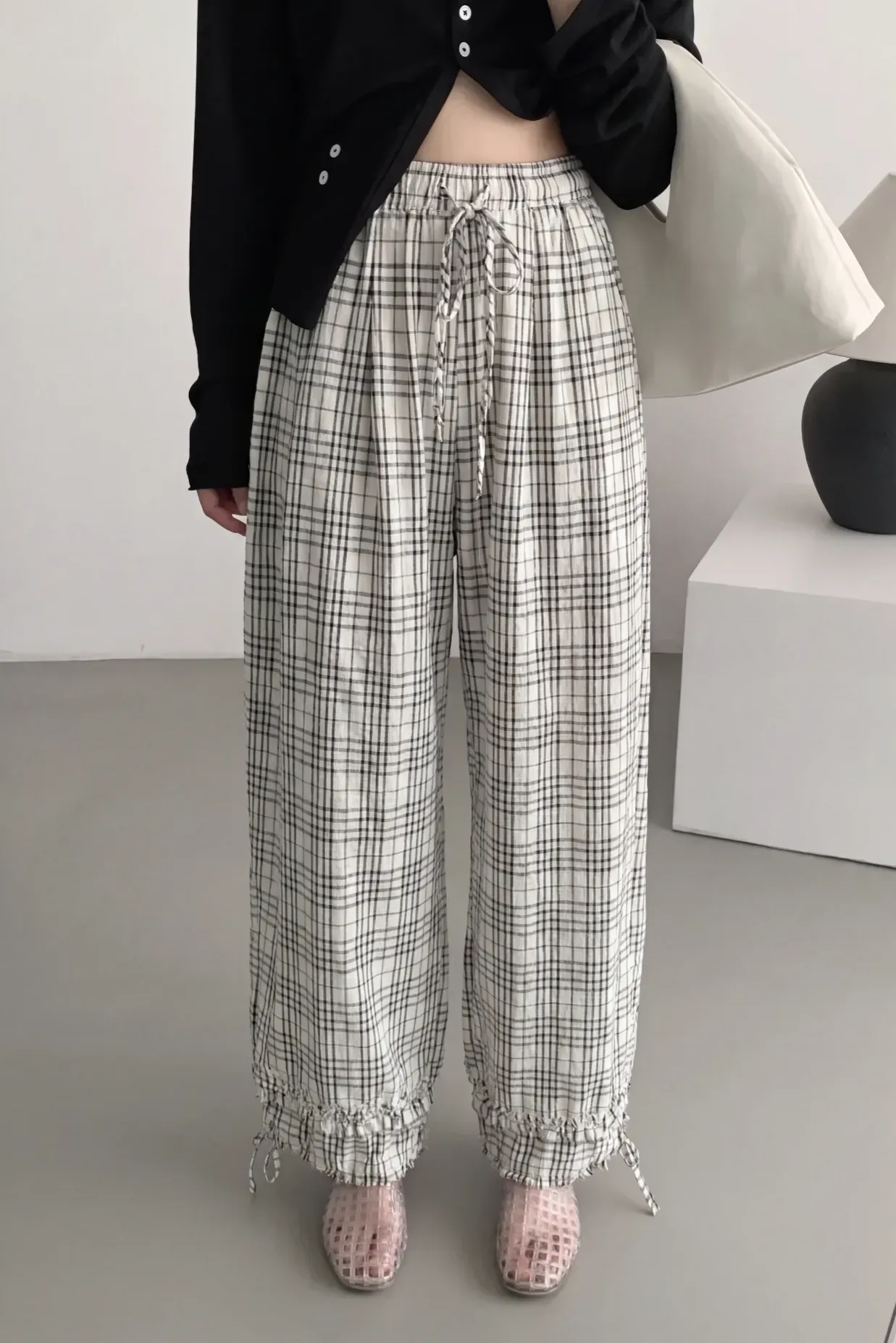 White Plaid Mid-Rise Trousers