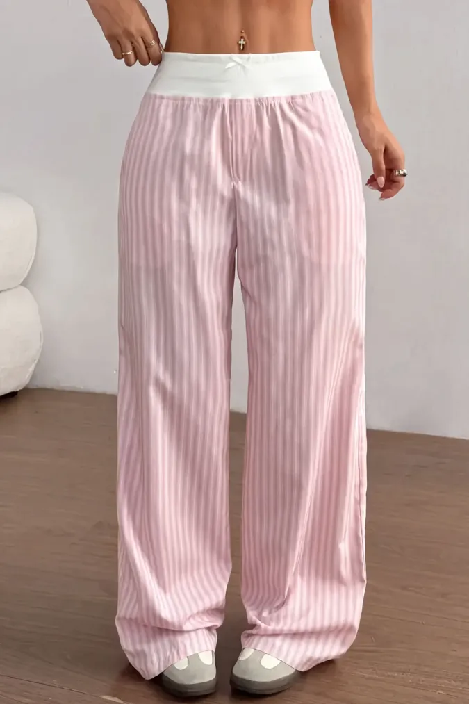 Light Pink Striped Mid-Rise Trousers - Image 1