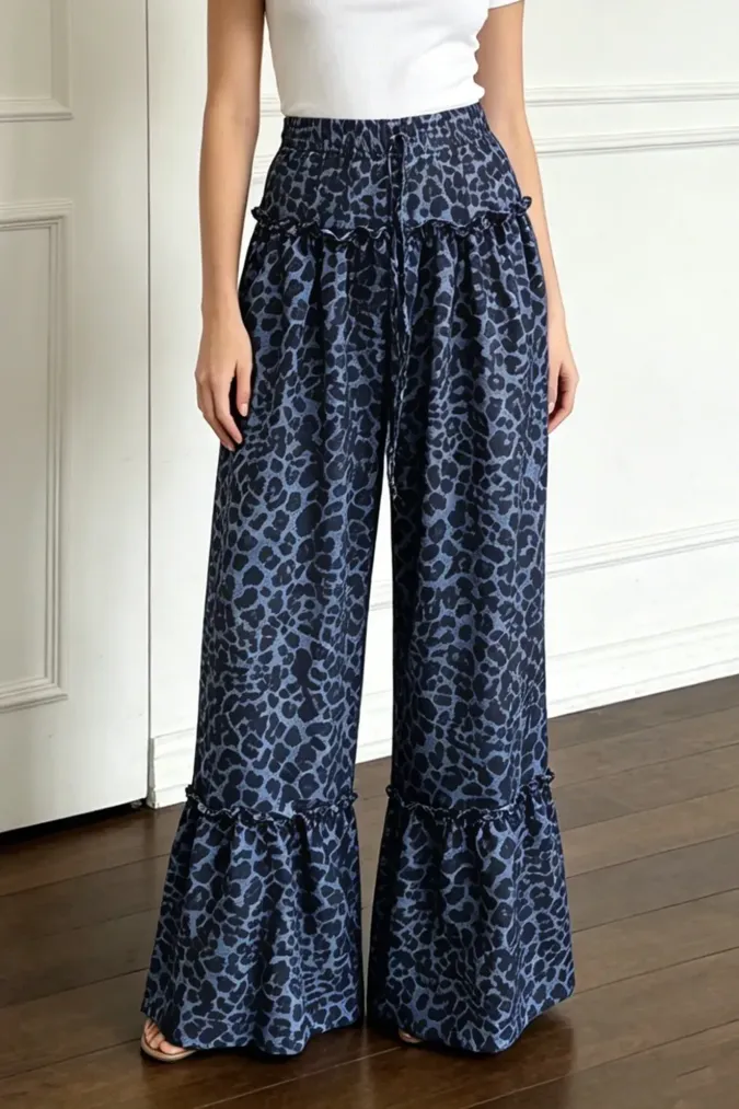 Dark Blue Leopard Print Trousers - Image 1