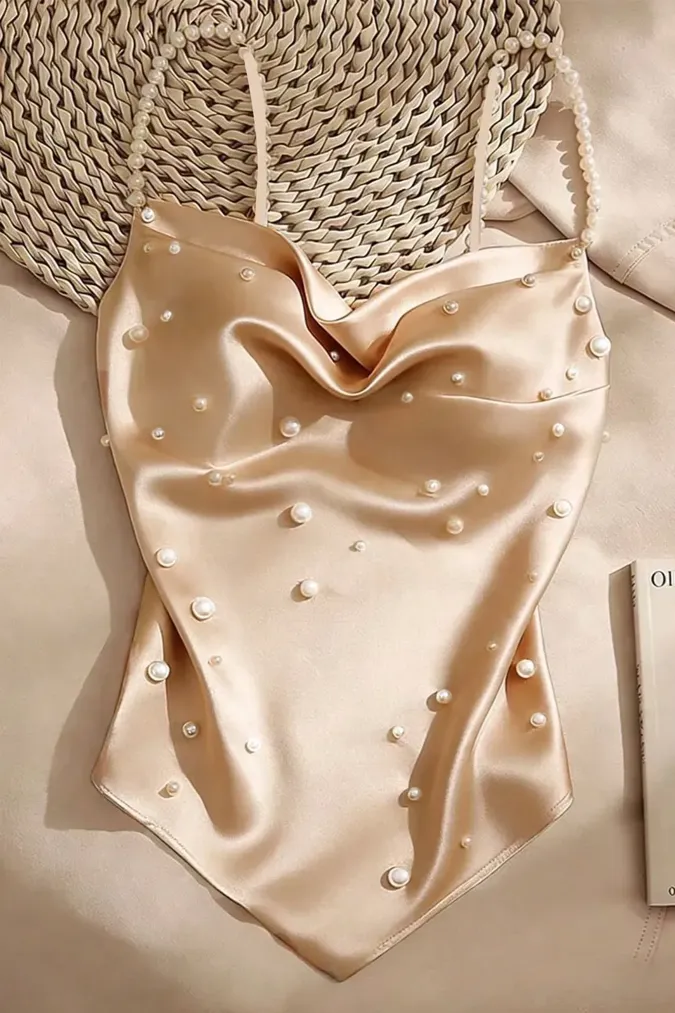 Beige Pearl Embellished Asymmetric Top - Image 1