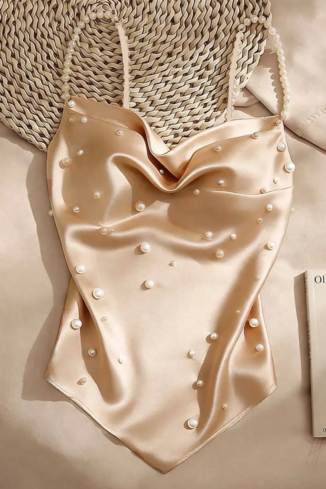 Beige Pearl Embellished Asymmetric Top