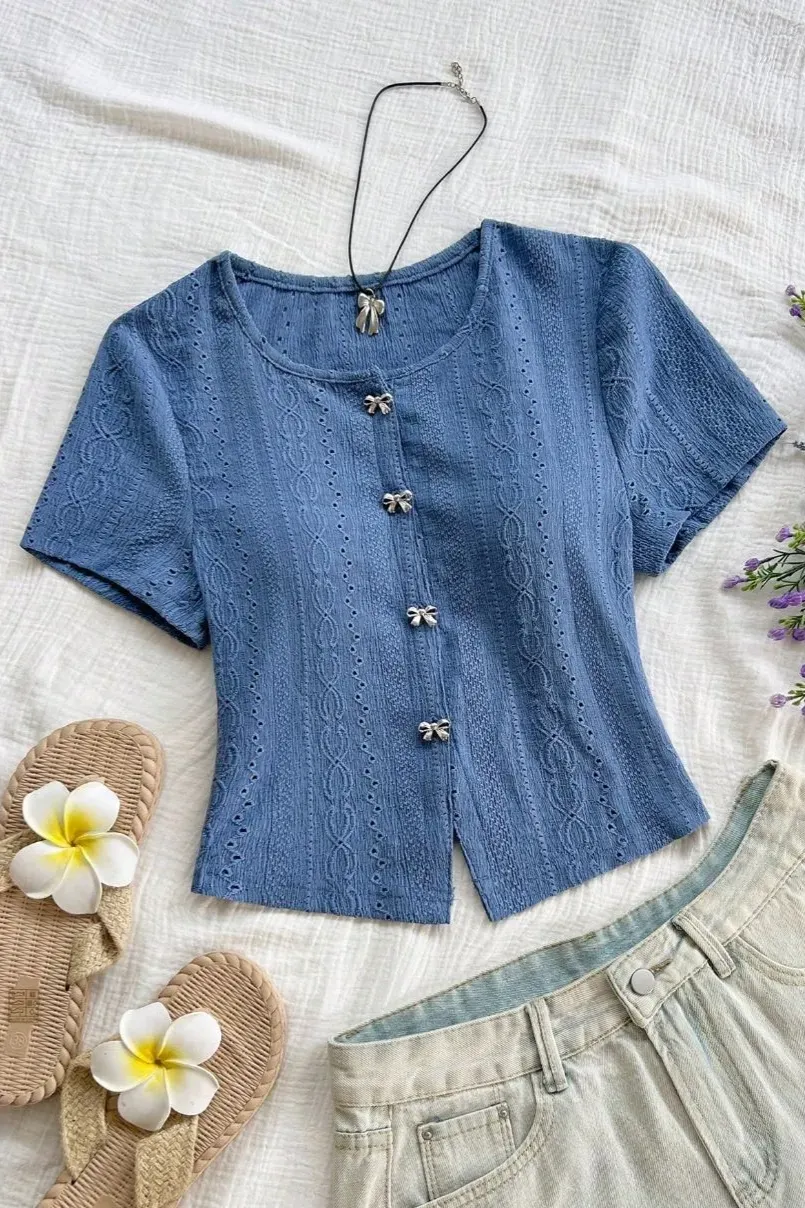 Blue Round Neck Textured Top