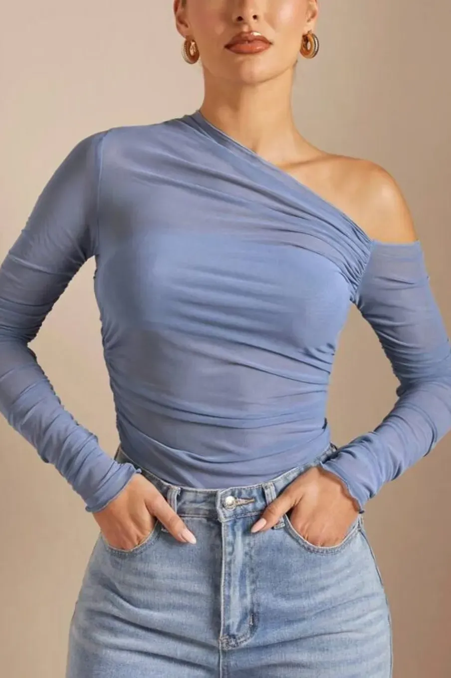 Blue Ruched One Shoulder Top