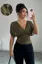 Olive Solid Ruched V-Neck Top