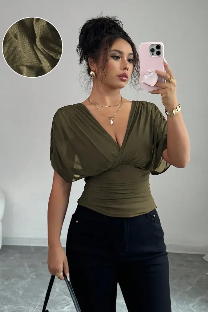 Olive Solid Ruched V-Neck Top - Image 1