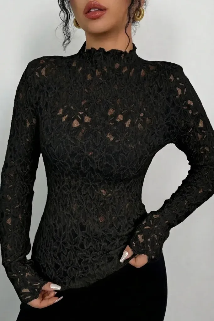 Black Solid Lace High Neck Top - Image 1