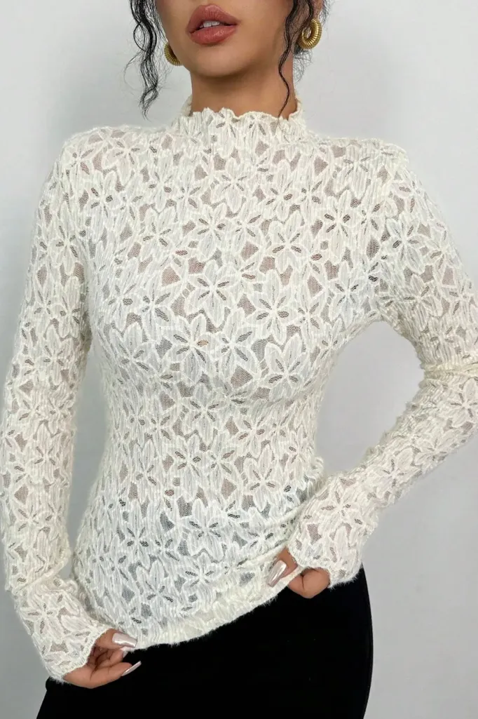 White Solid Lace High Neck Top - Image 1