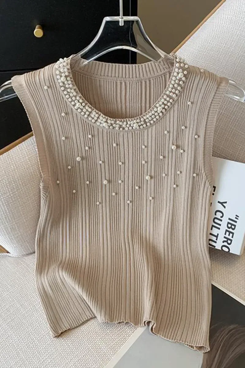 Beige Pearl Embellished Top