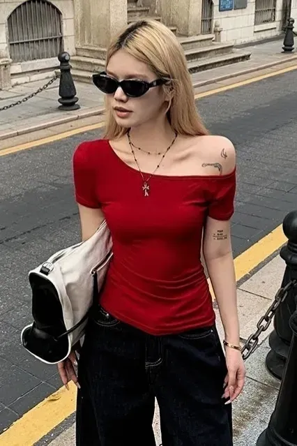 Red Solid One Shoulder T-Shirt - Image 1