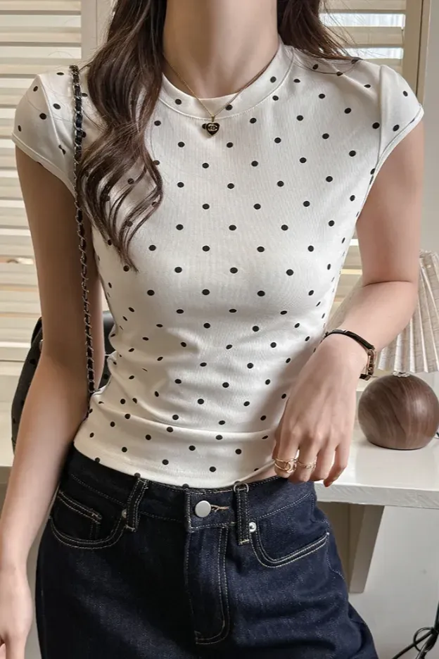 White Polka Dot Crew Neck T-Shirt - Image 1