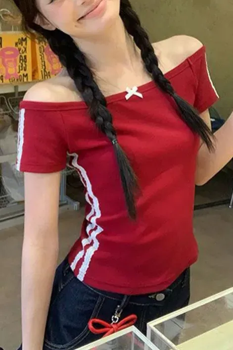 Red Off-Shoulder Lace T-Shirt