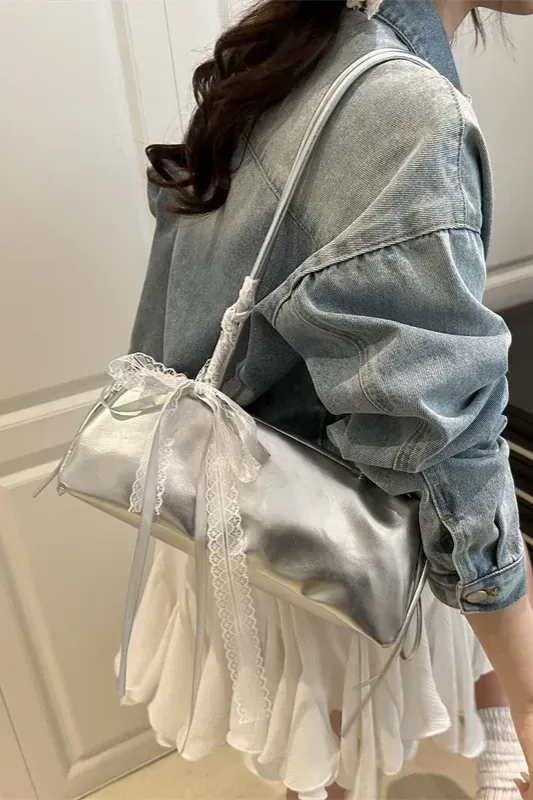 Silver Lace Overlay Shoulder Bag - Image 1