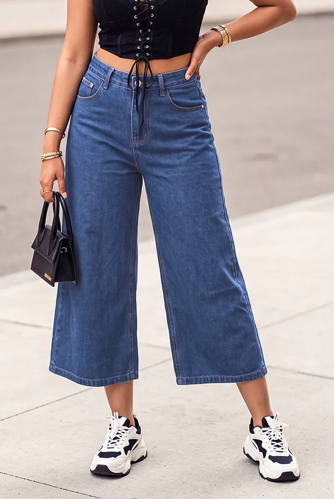 Dark Blue Solid Wide Leg Jeans - Image 1