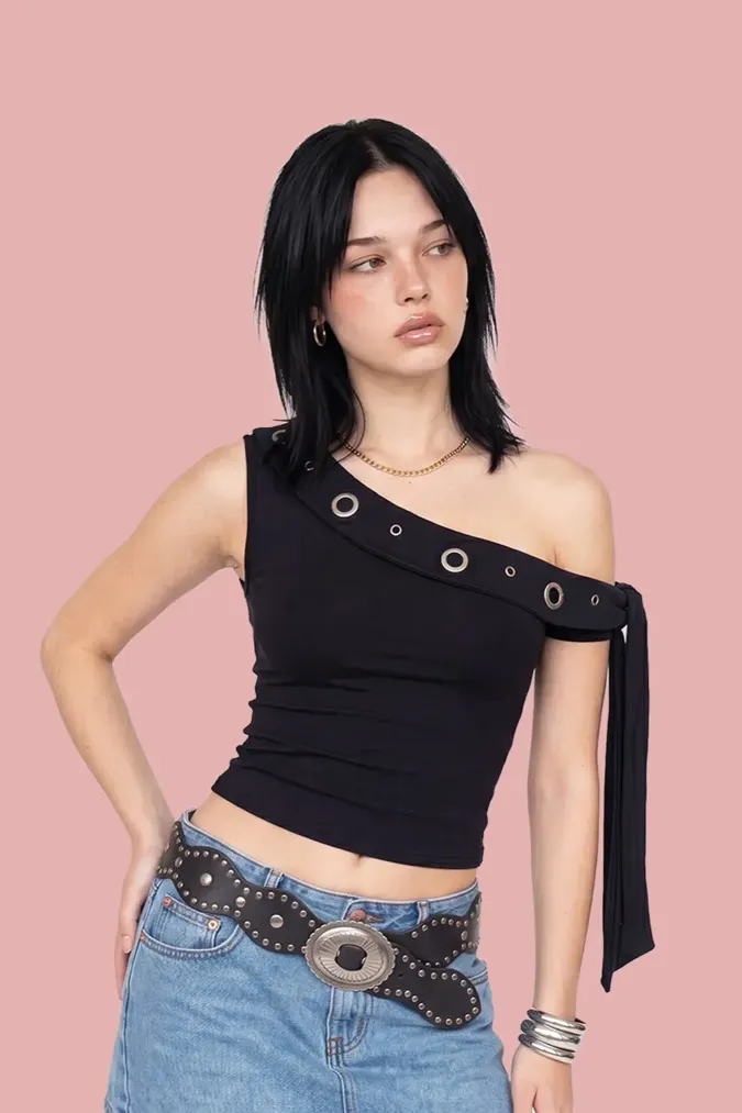 Black One-Shoulder Crop Top - Image 1