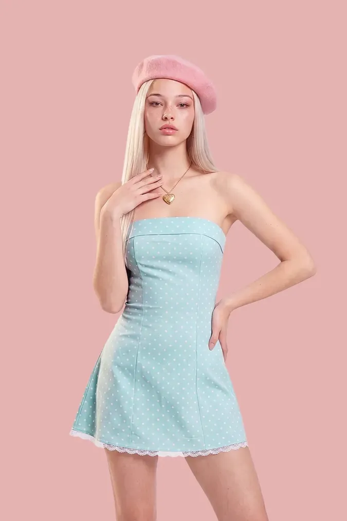 Light Blue Polka Dot Mini Tube Dress - Image 1