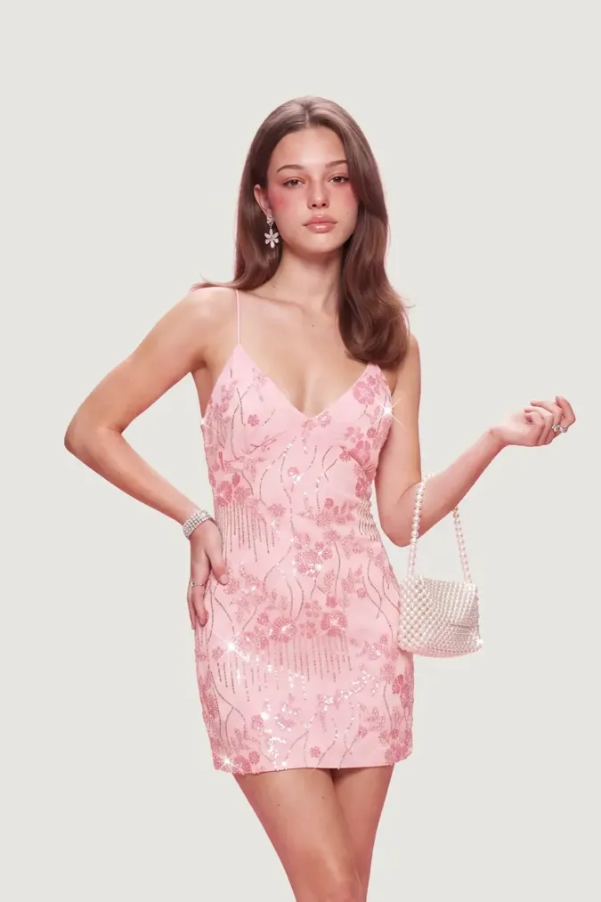 Light Pink Embellished Sweetheart Mini Dress - Image 1