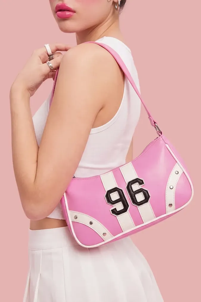 Pink Typography Studded Shoulder Bag - Image 1
