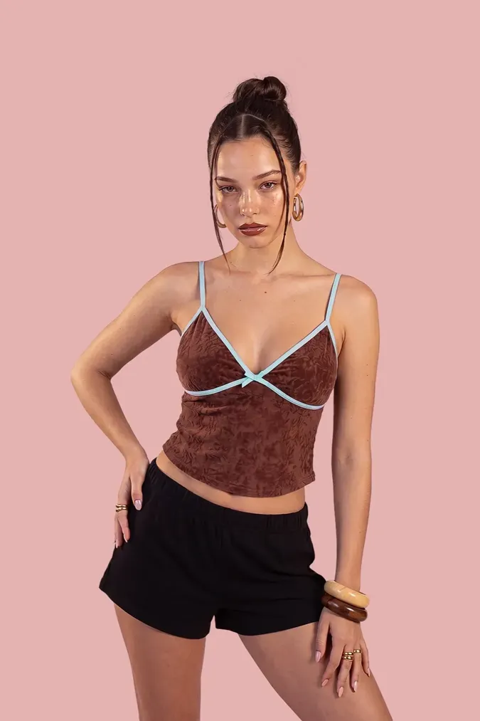 Brown Fitted V-Neck Crop Top - Image 1