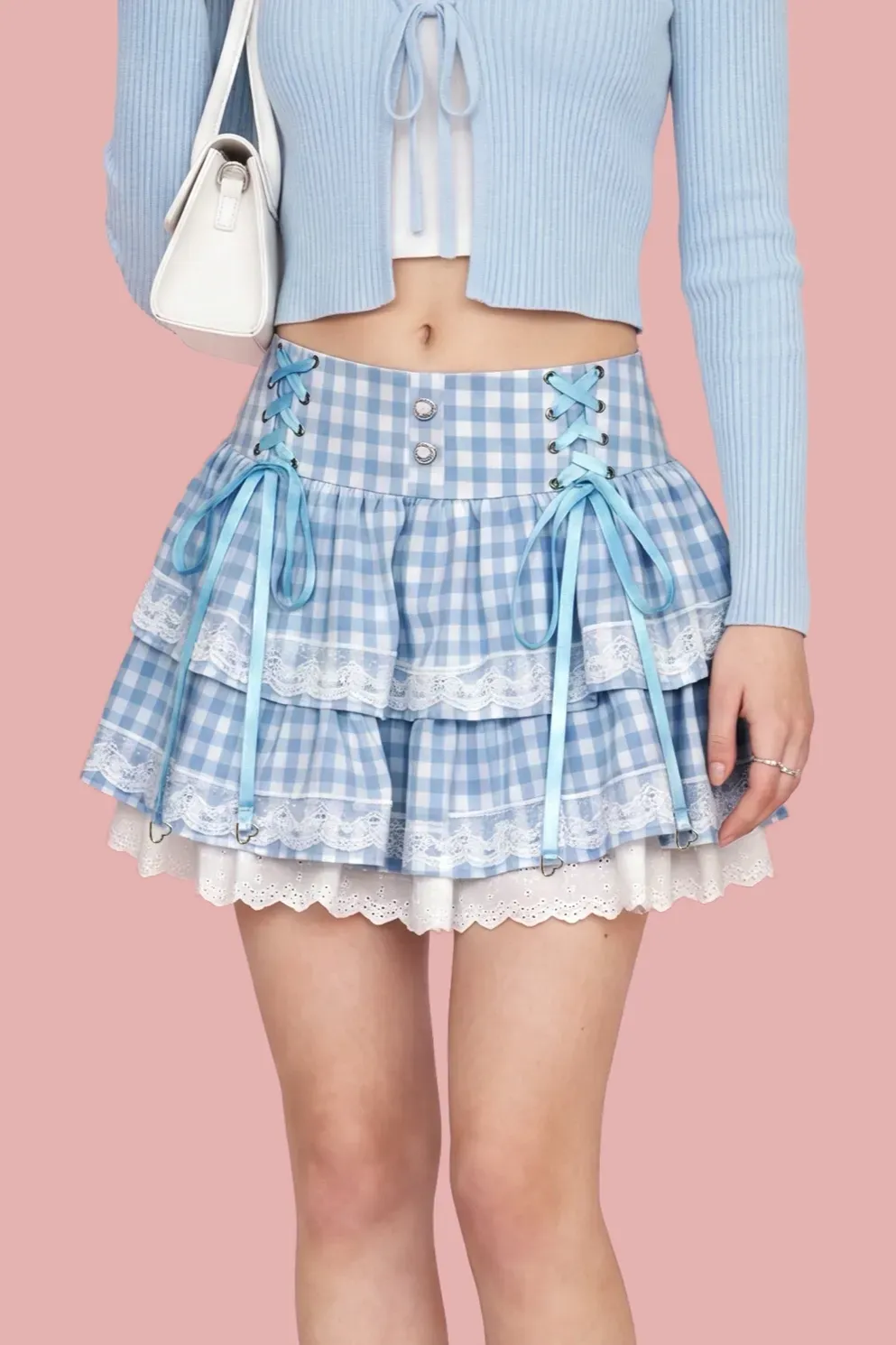 Light Blue High-Rise Gingham Mini Skirt