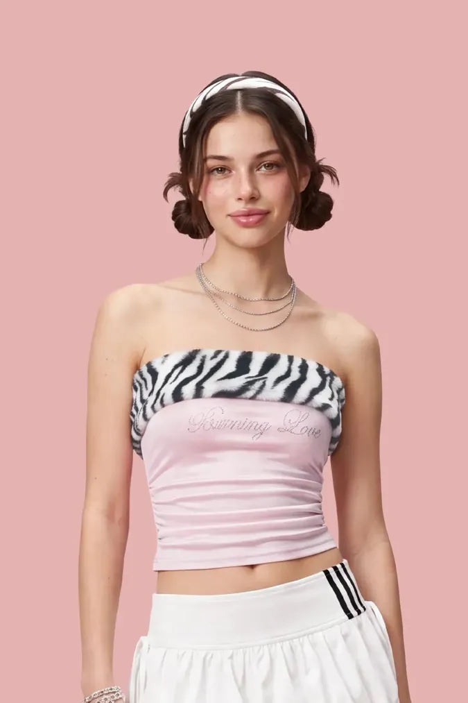 Light Pink Zebra Print Faux Fur Tube Top - Image 1
