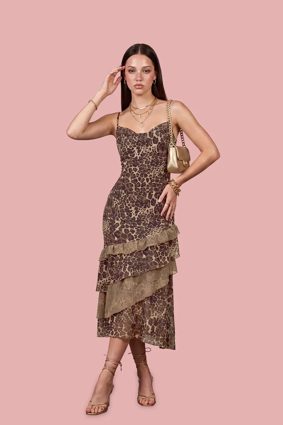 Brown Leopard Print Midi Dress