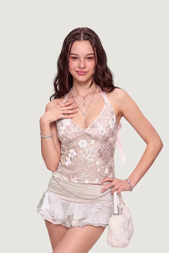 Light Pink Floral Lace Halter Top - Image 1