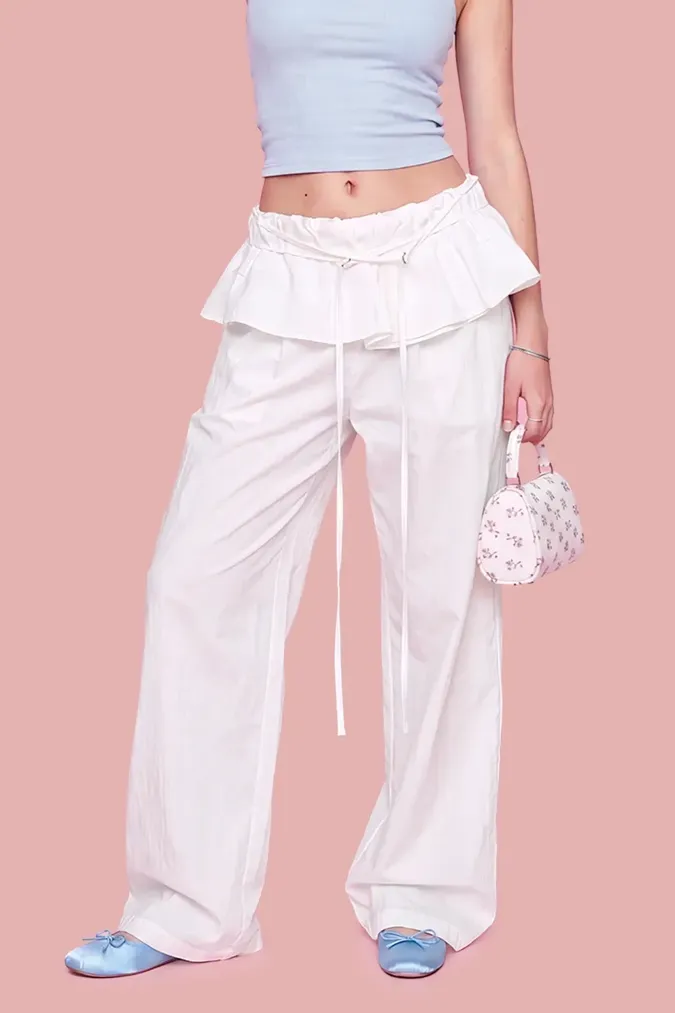 White Ruffled Mid-Rise Pants - Image 1
