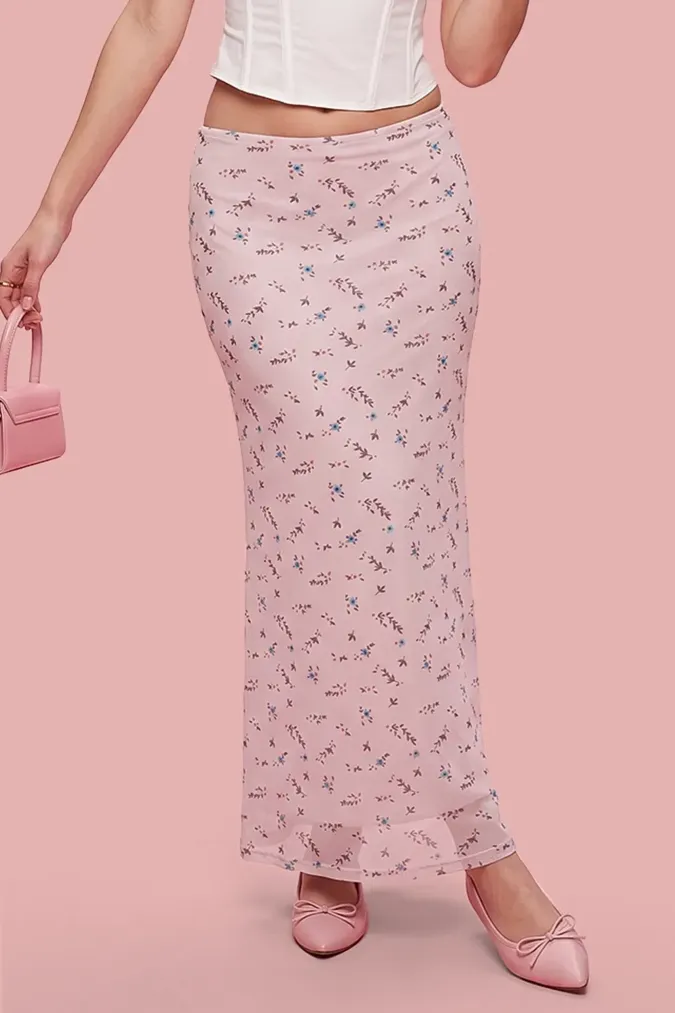 Light Pink Floral Mermaid Maxi Skirt - Image 1