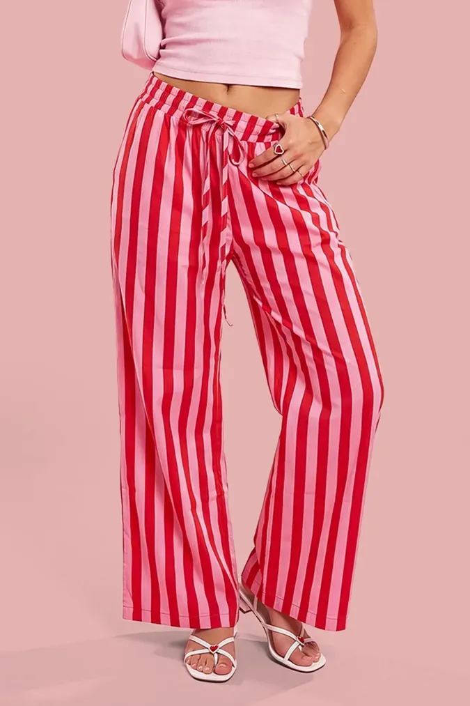 Red High-Rise Striped Pants - Image 1