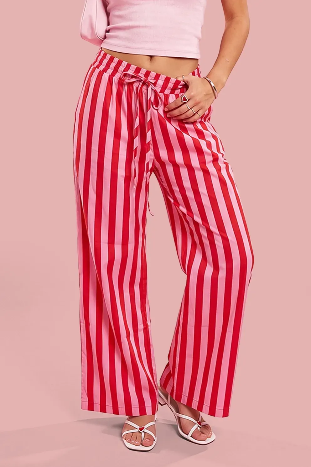 Red High-Rise Striped Pants