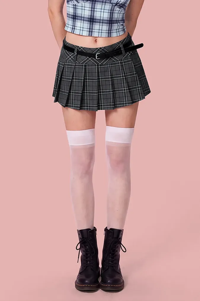 Grey Plaid Mini Skater Skirt With Belt - Image 1