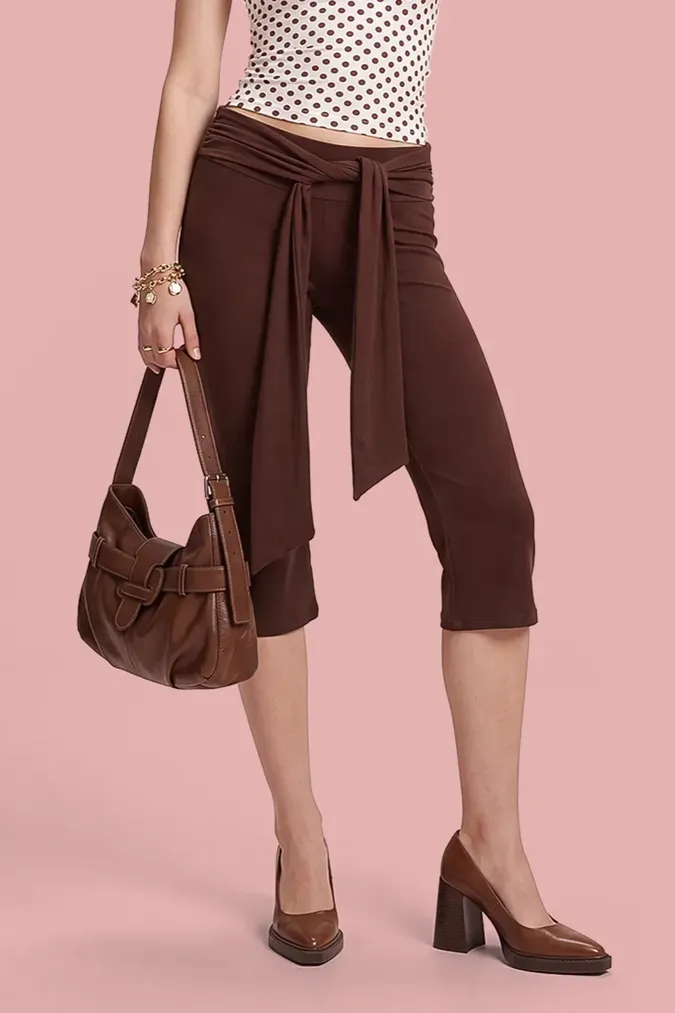Brown Tie-Up Low-Rise Pants - Image 1