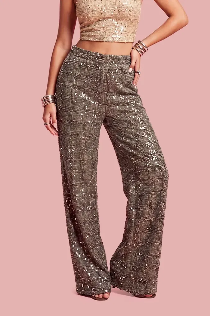 Brown Sequin High-Rise Pants - Image 1